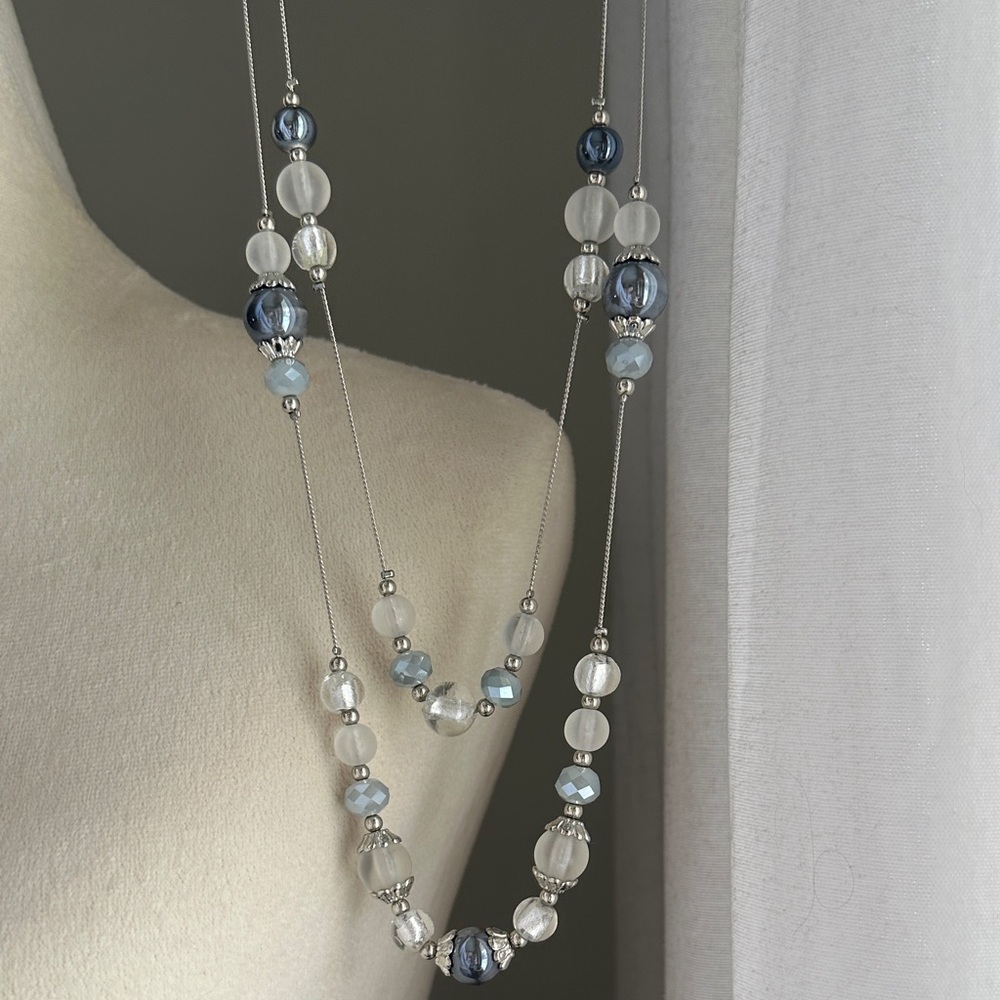 jules b. Beaded Long Necklace in Smoky Blue and Silver Tones